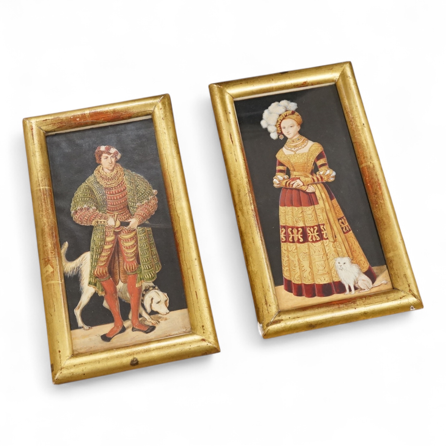 After Lucas Cranach the Elder (German, 1472-1553), portraits of Henry IV, The Pious Duke of Saxony and Duchess Katharina Von Mecklenburg, pair of 19th century gouaches, unsigned, 19 x 9cm, gilt framed